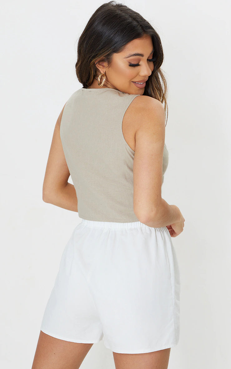 Gibson Two Piece Set - Linen Look Crop Top and Knot Front Midi Skirt Set in  White