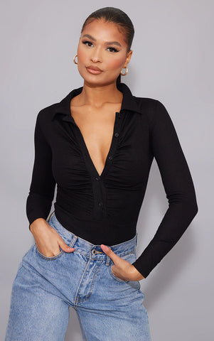 BLACK RIB RUCHED FRONT SHIRT BODYSUIT